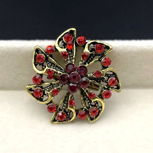 Yellow Gold with Ruby Red and Garnet Red Crystal Pinwheel Flower Pin Back Brooch - Picture 3 of 7